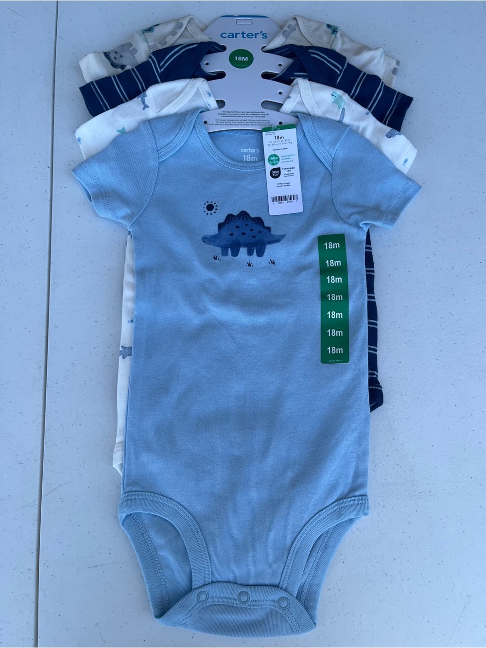 Carter's Dinosaur and Striped Bodysuits - Blue, White, and Cream